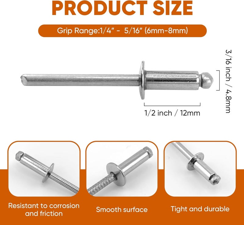 ALLCLEAN 100 Pcs 3/16"x1/2" Stainless Steel Blind Pro Rivets,4.8 x 12mm Pop Rivets,Stainless Steel Grip and Stainless Steel Mandrel - Image 2